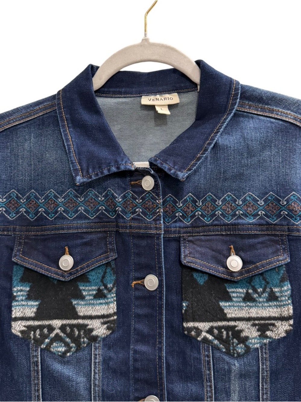 Venario Southwest Aztec Print Denim Vest Frayed Sleeveless Jacket Dark Wash Size - Picture 5 of 7